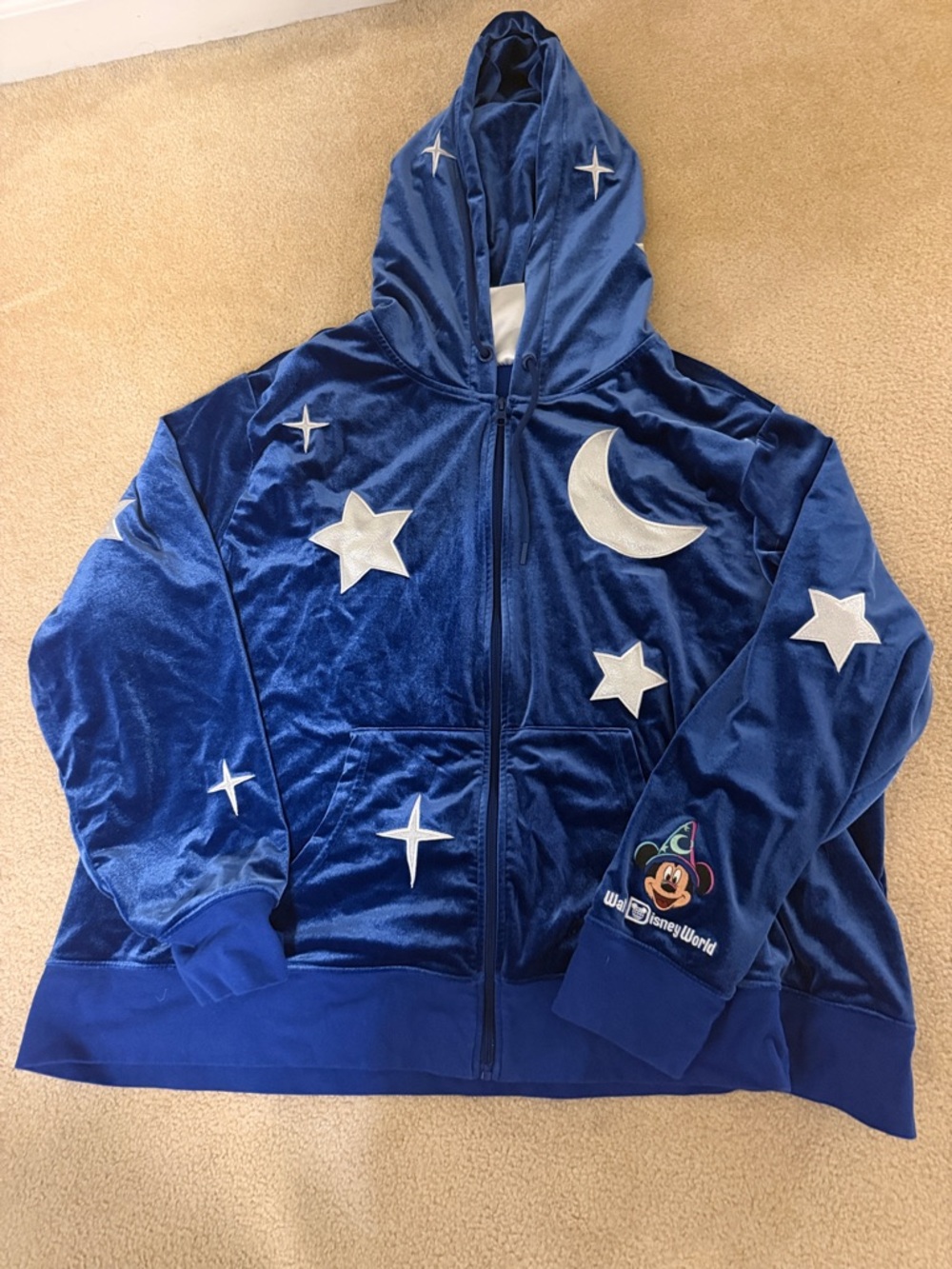 Disney Navy Blue Sorcerer Velvet Zip Hoodie with Silver Stars & Moon